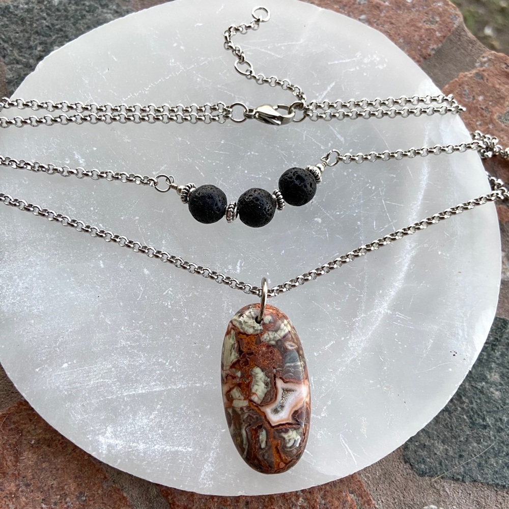 Double layer necklace lava rock red leopard jasper - Picture 2 of 11